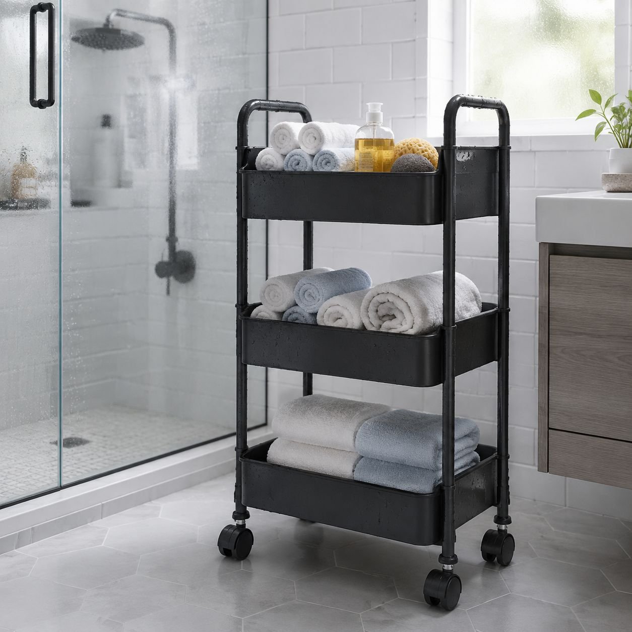 Durable carbon steel storage shelf with wheels