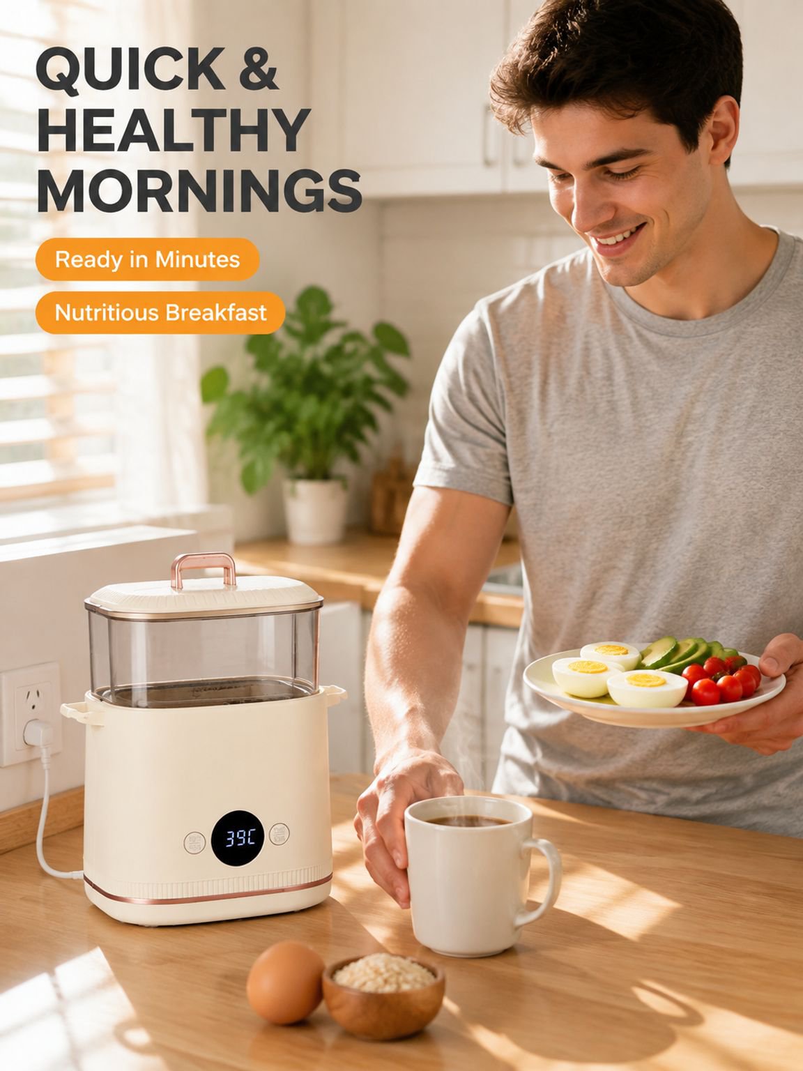Smart Multi-Function Egg Cooker with Timer, Compact Home Steamer, Automatic Shut-Off