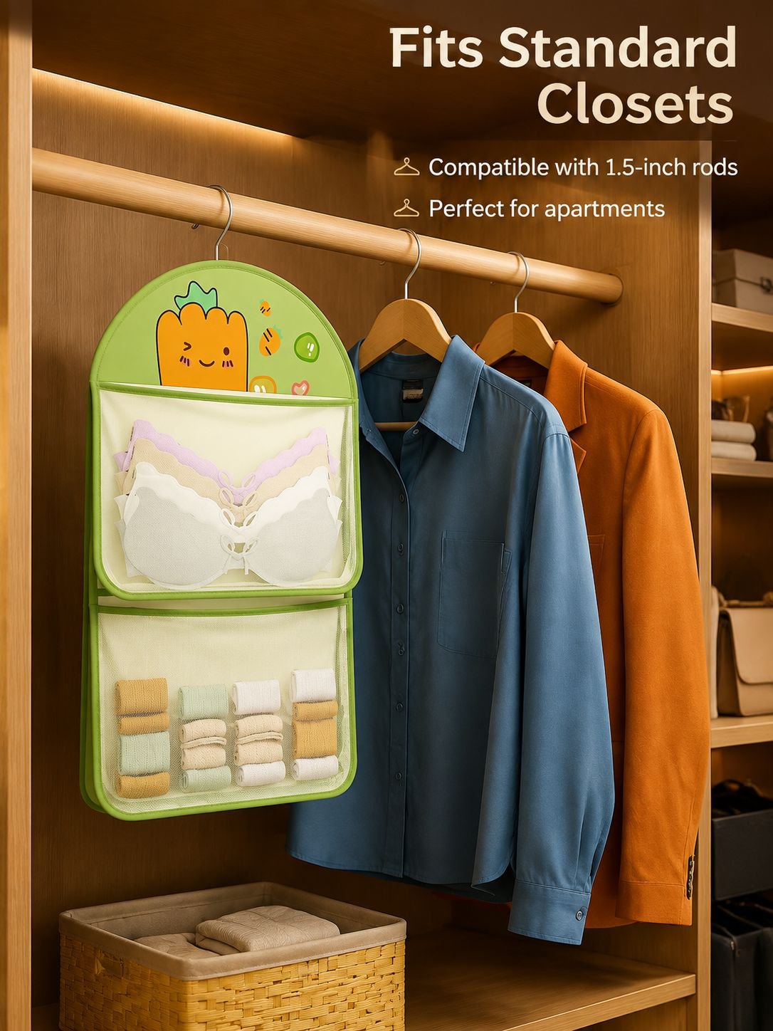 Neatly organized underwear and socks in hanging bag