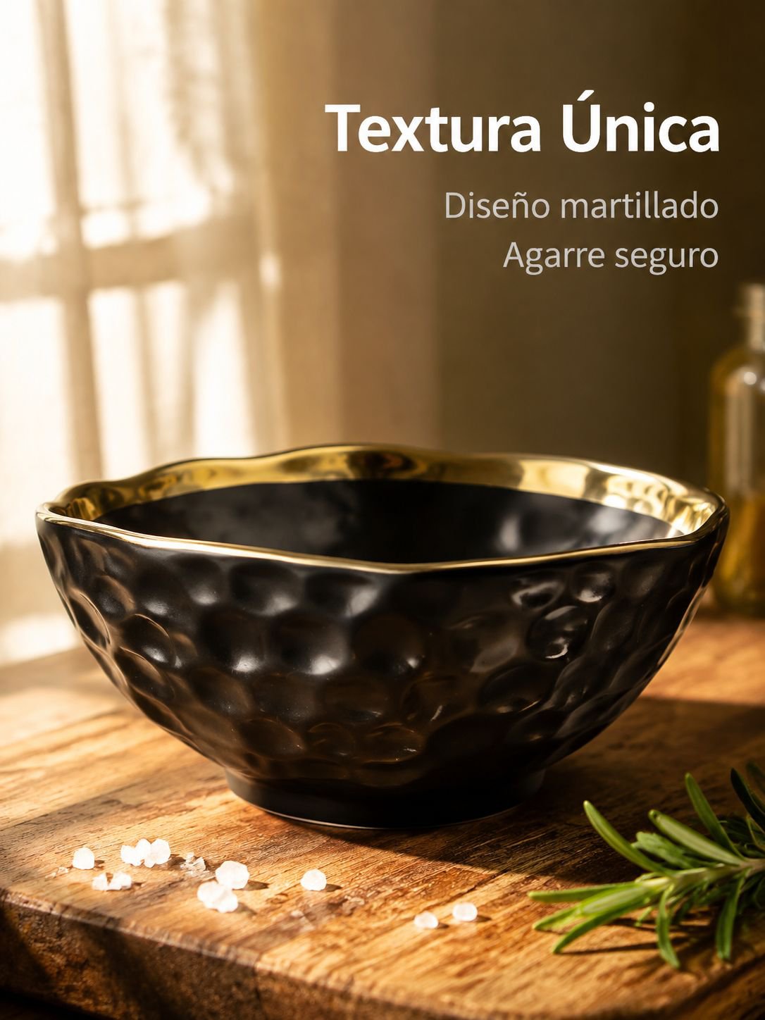 Cuenco redondo de porcelana con borde dorado
