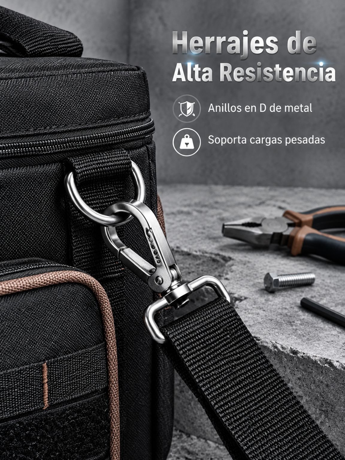 Cierre resistente y detalles de costura reforzada en bolsa de herramientas