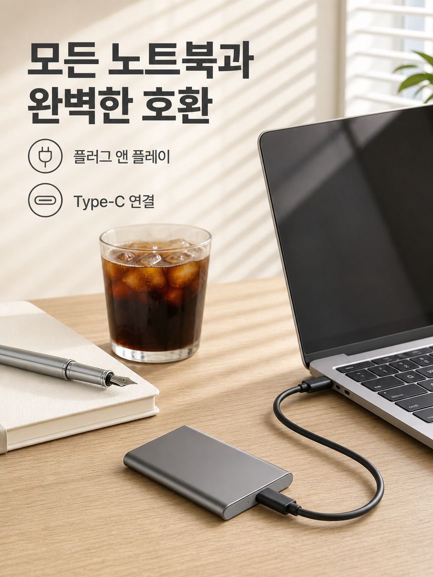 노트북과 연결된 초박형 SSD