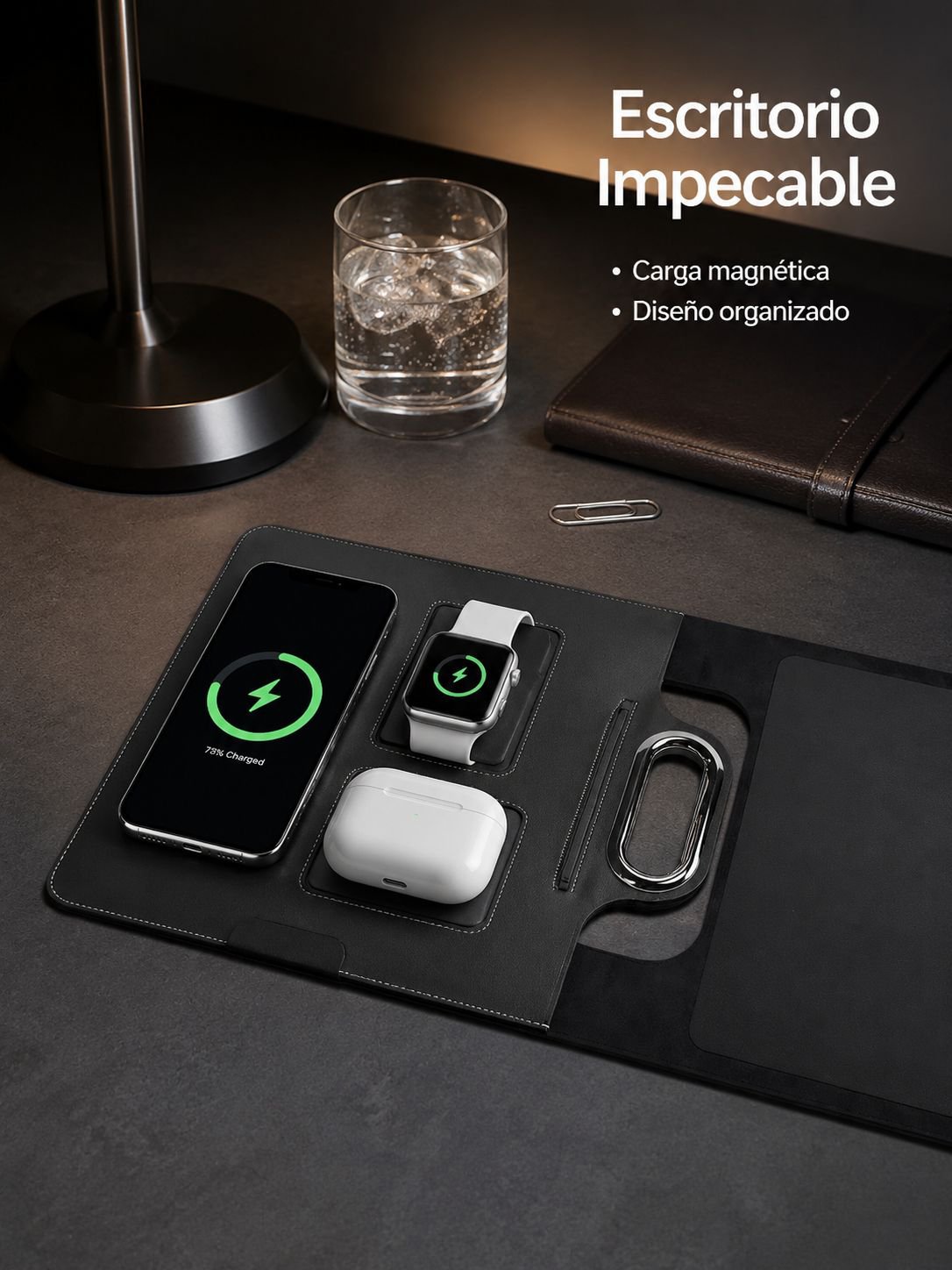  Cargador inalámbrico magnético para teléfonos  auriculares, relojes  mousepad de cuero