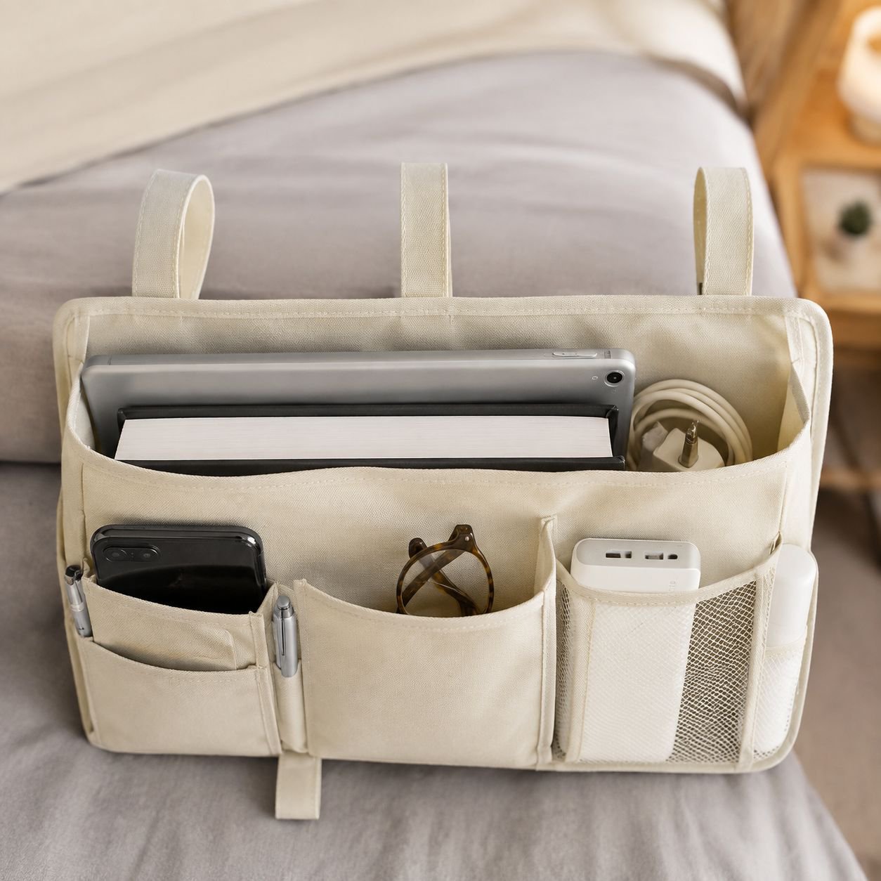 学生寮のベッド用スマホ収納オーガナイザー