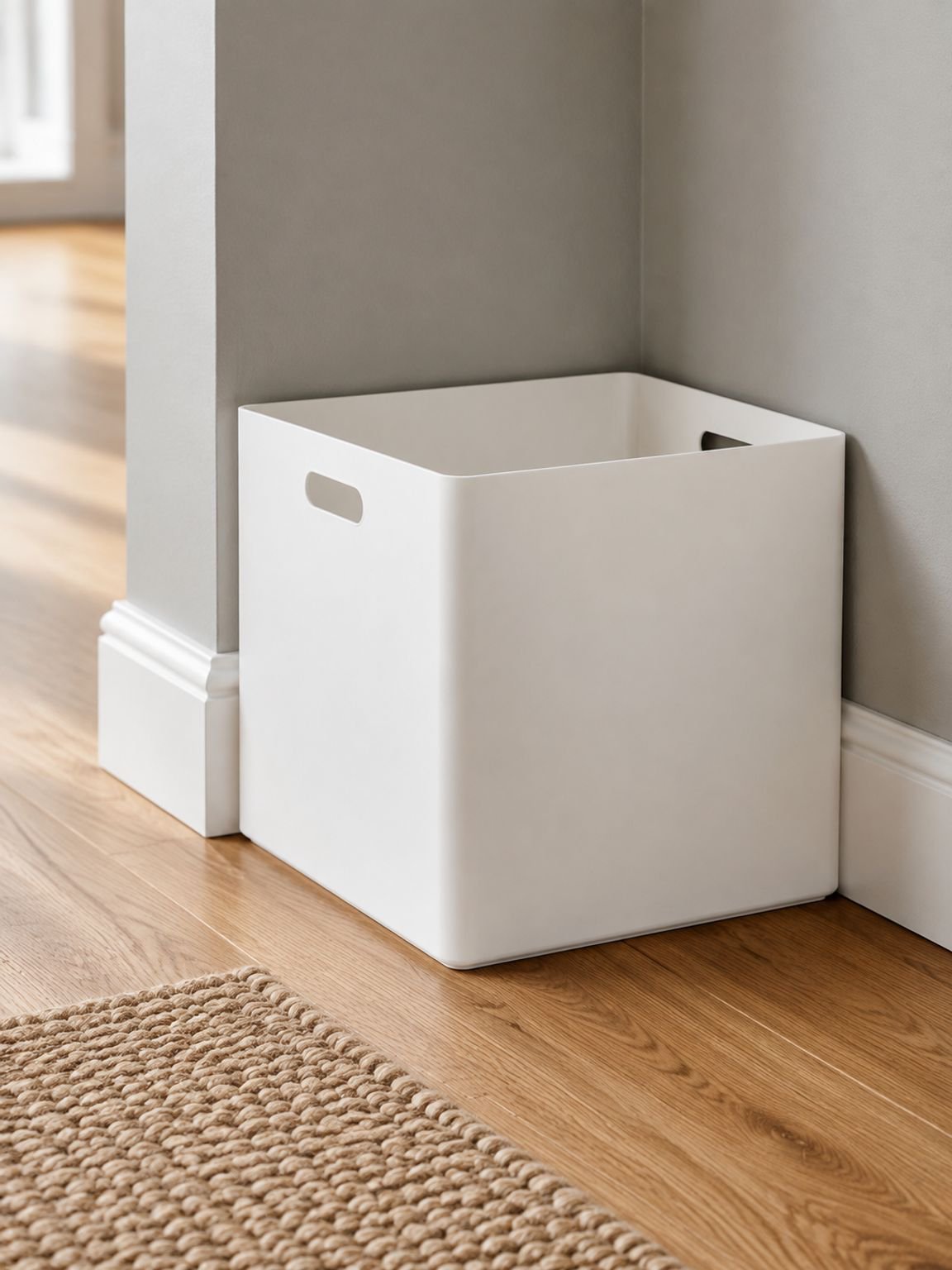 Minimalist Japanese square organizer box on a wooden desk
