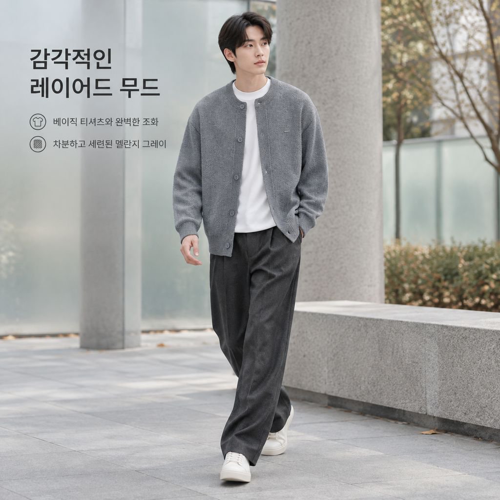 가을 남성 올드머니룩 솔리드 베이스볼넥 니트 가디건 자켓 루즈핏 상의