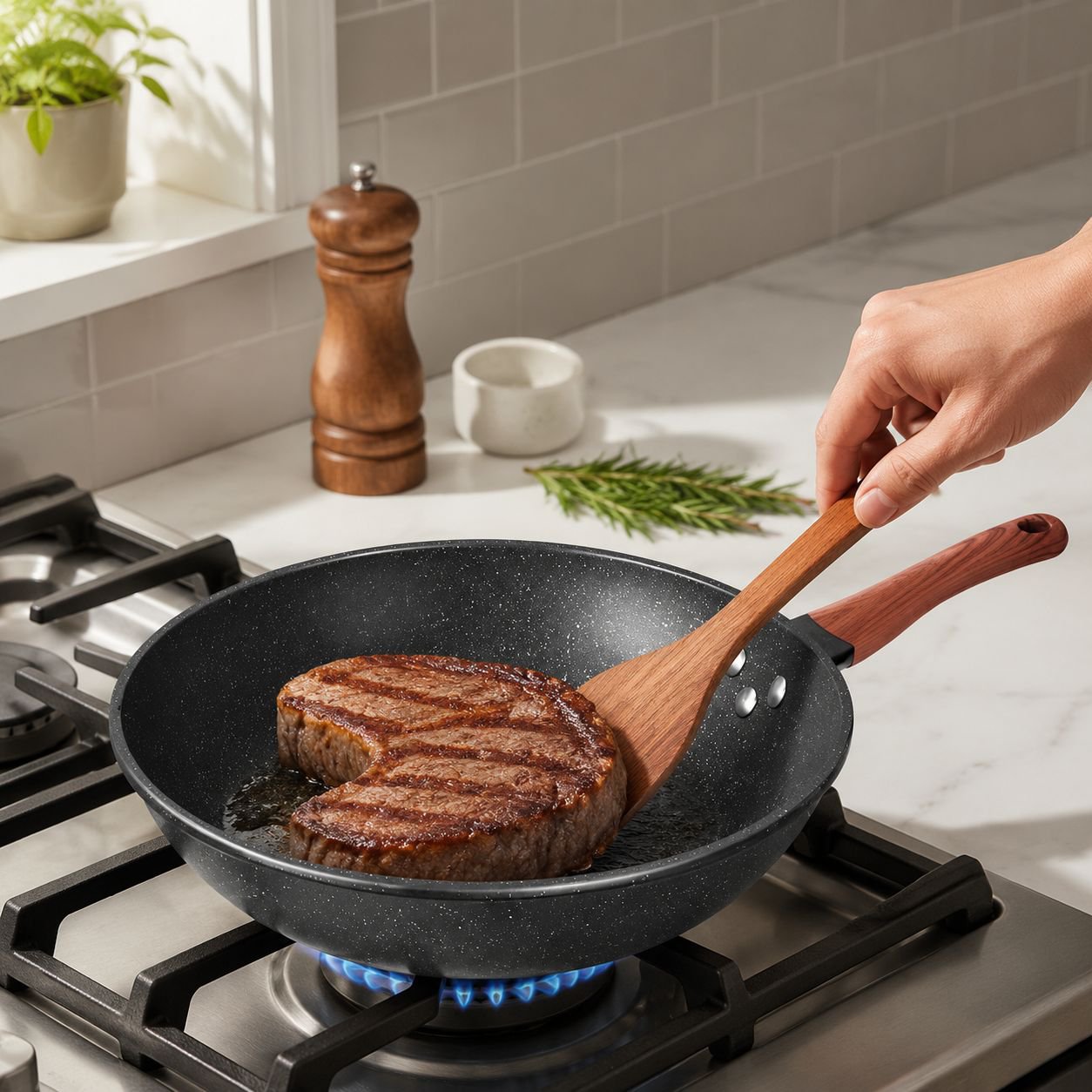 SmokeFree frying pan with wooden handle on kitchen counter