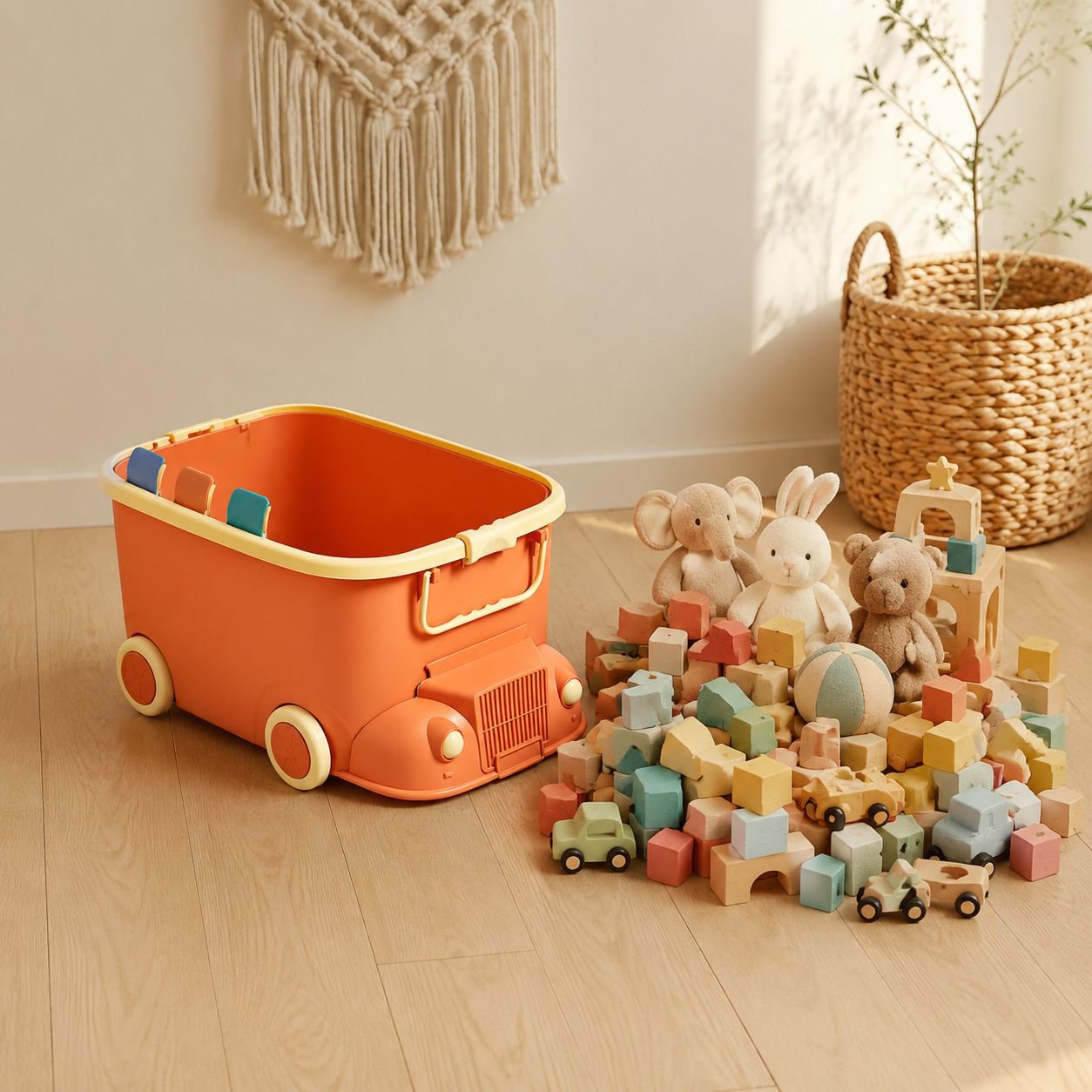 Children playing next to train-shaped storage bin