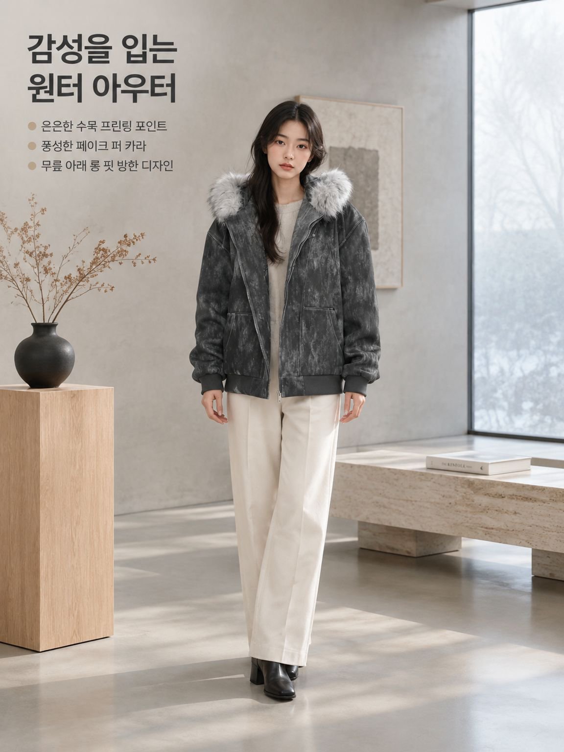 문예 복고풍 나염 패딩 나른한 스타일 퍼 카라 롱 점퍼