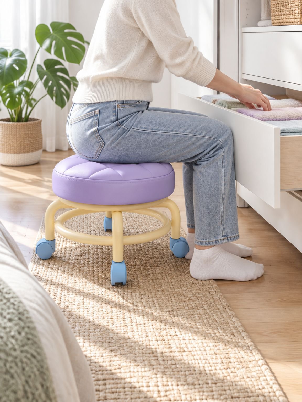 Compact low stool designed for salon workstations