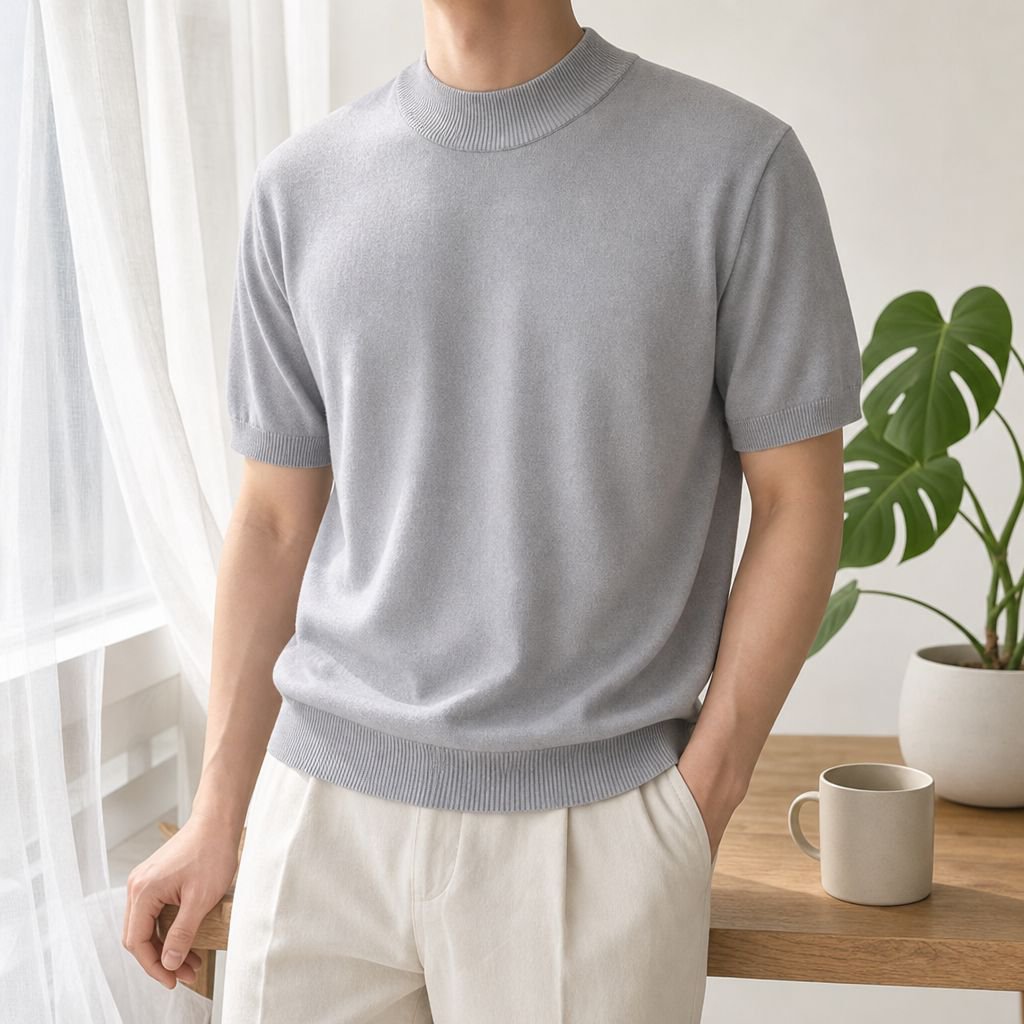 涼感素材を使用したメンズニットTシャツのディテール