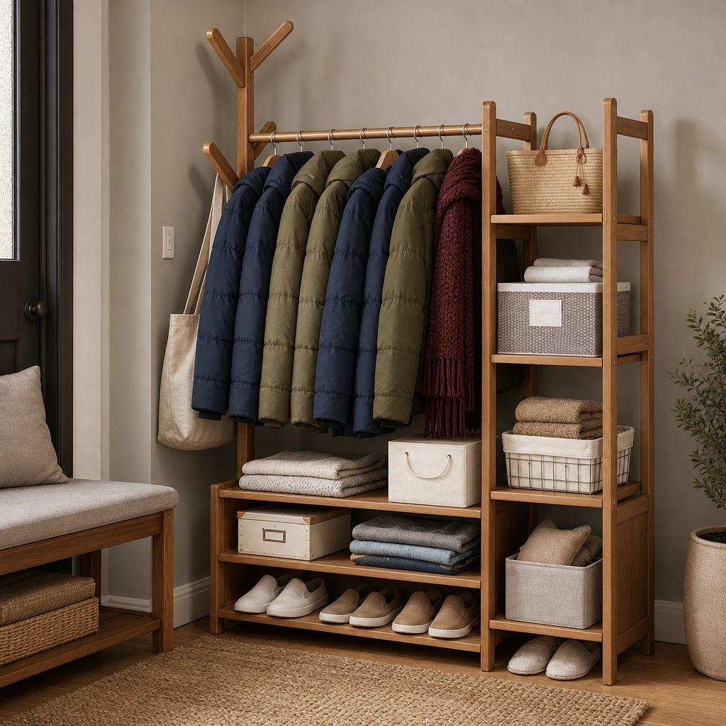New Chinese Style Solid Wood Floor Coat Rack with Storage Drawer