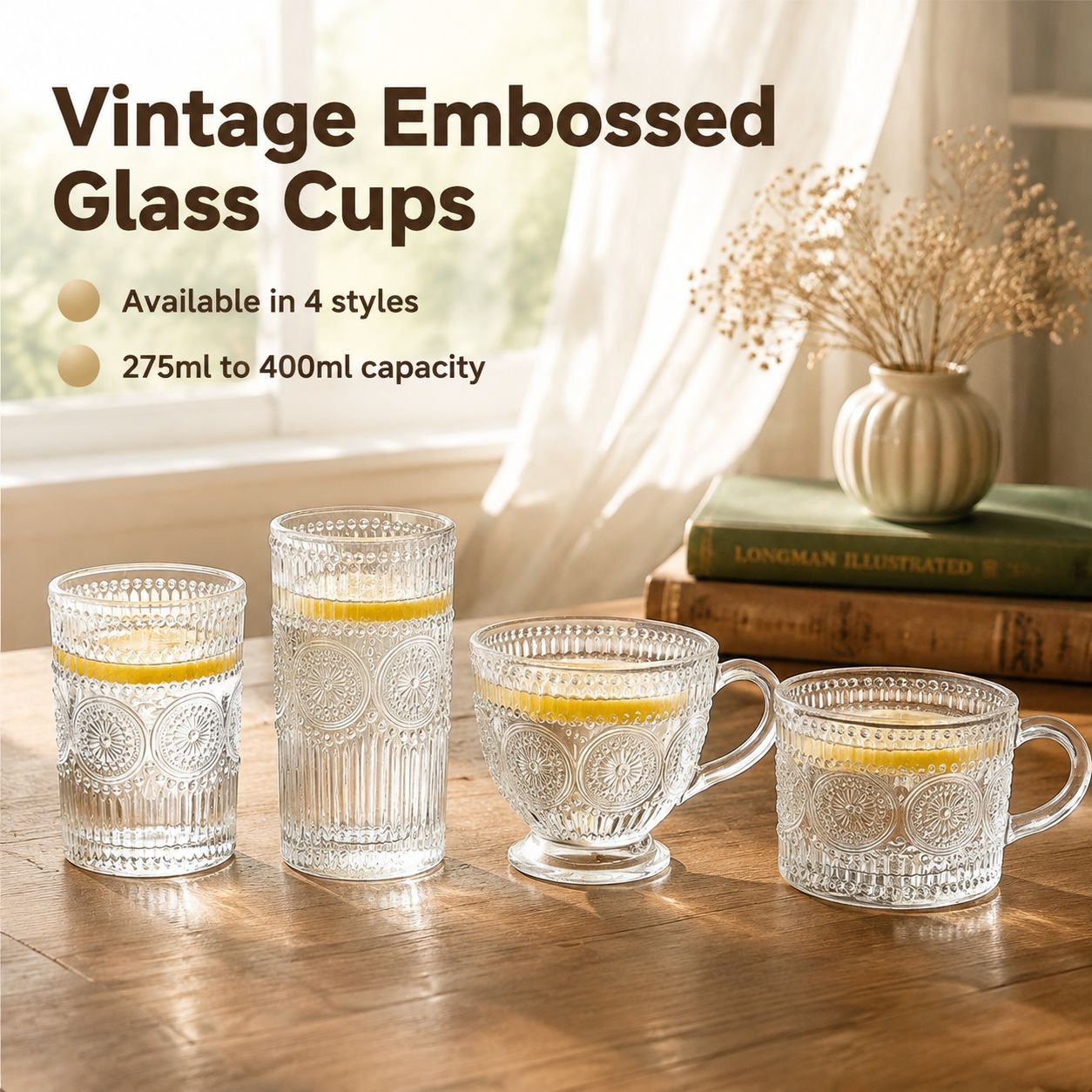Vintage Embossed Sunflower Glass Cup