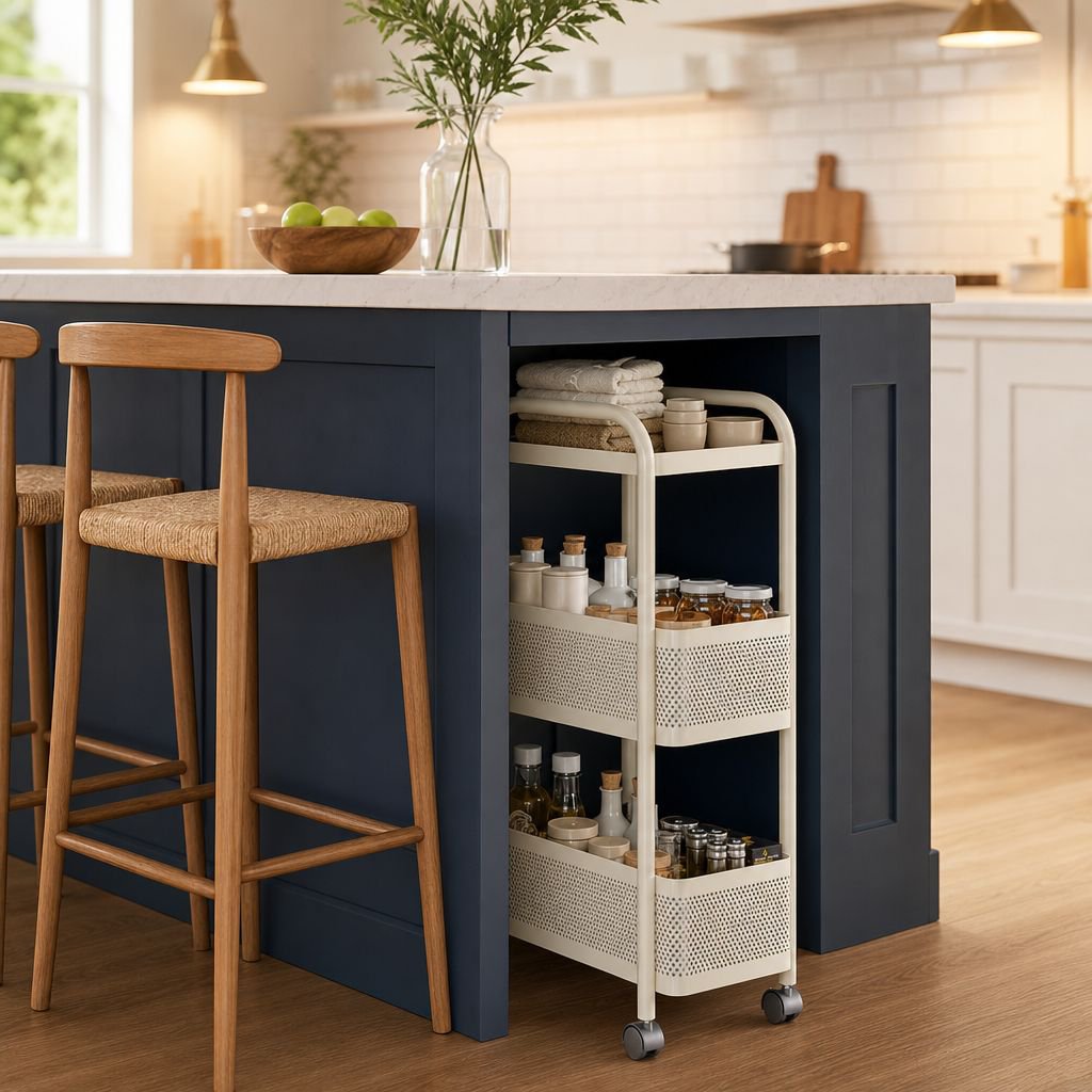Close-up of multi-layer fridge side organizer holding spices