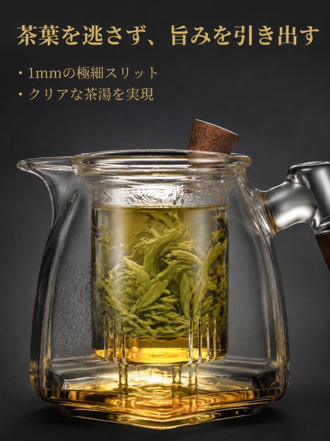 ガラスソリッドウッドハンドルほうじ茶器