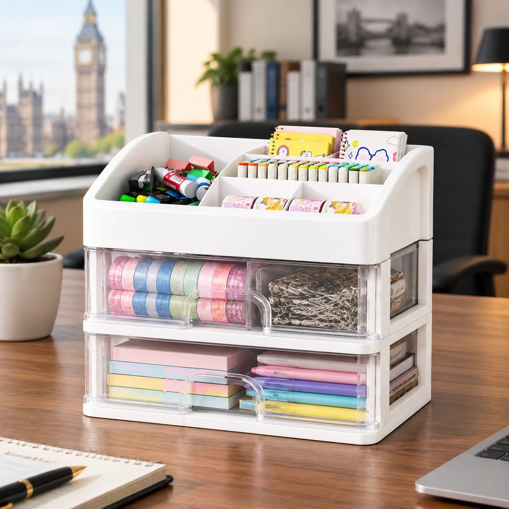 Organizer filled with stationery and office supplies