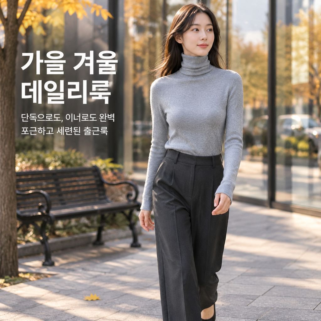 가을겨울 여성 화이트 루즈 터틀넥 슬림핏 긴팔 니트 티셔츠 이너
