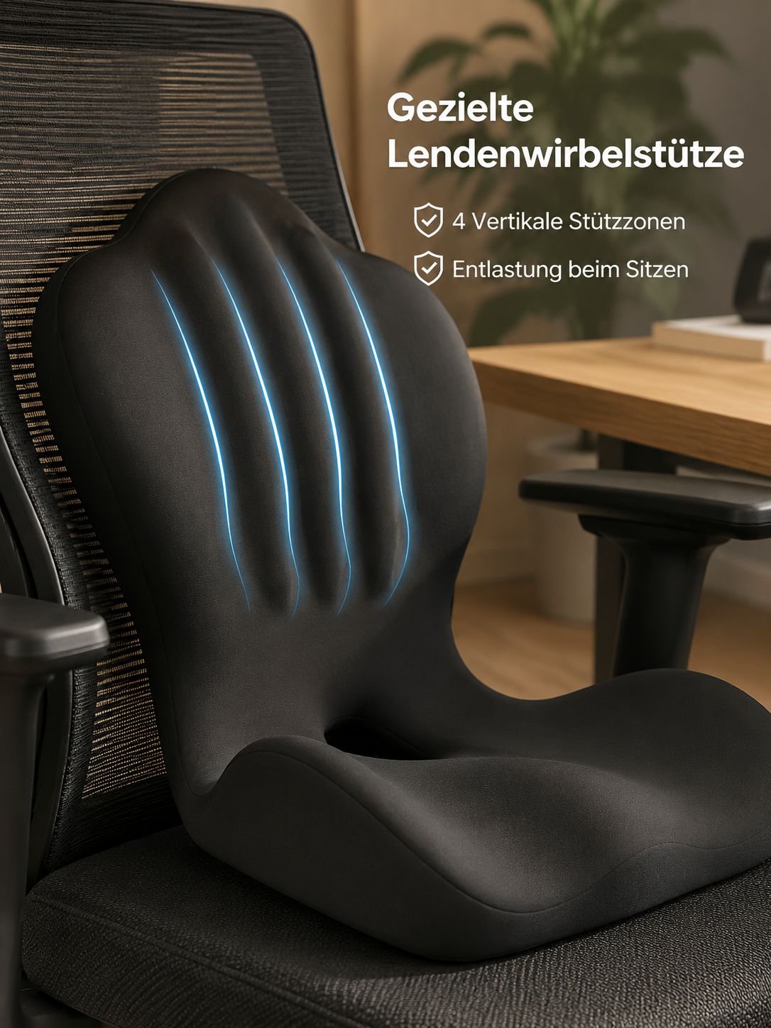 Rückenlehne und Sitzkissen aus einem Stück Memory-Schaum, atmungsaktiv, mit Lendenwirbelstütze.