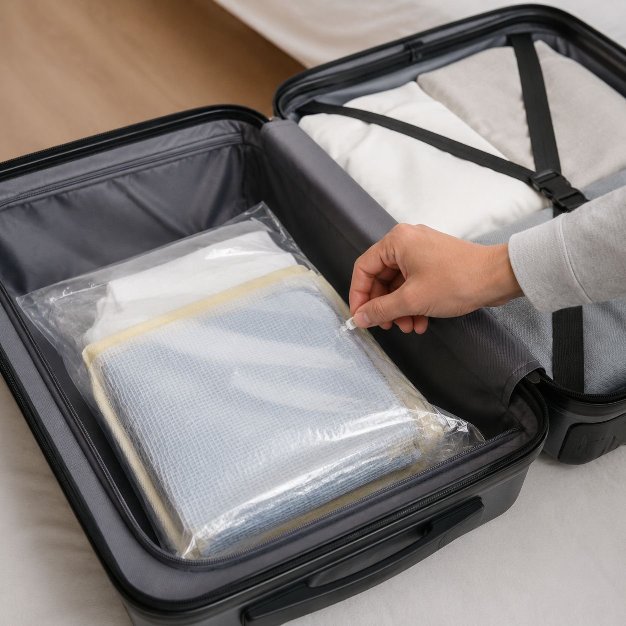 JMY storage bag stacked in a closet for space saving