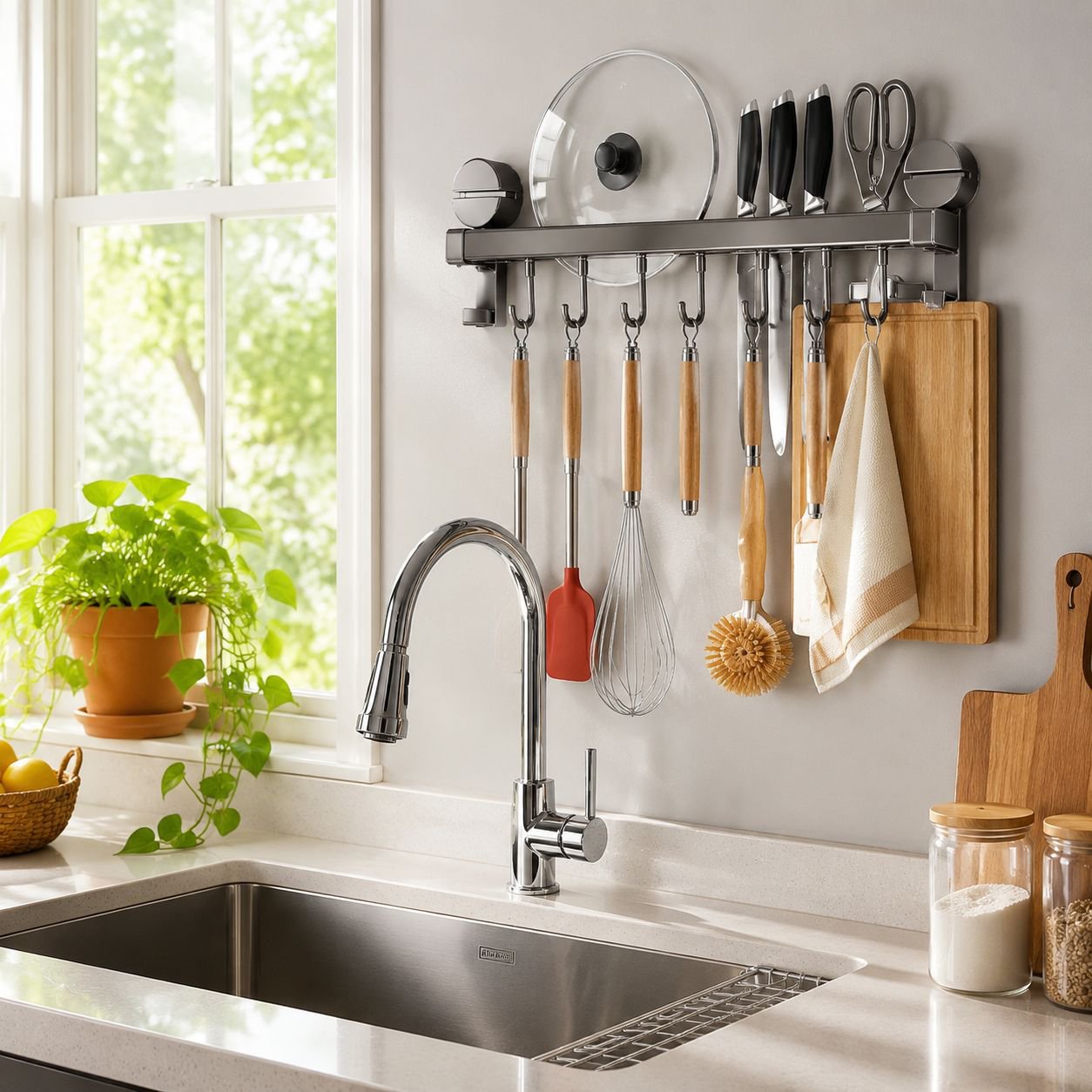 Easy to install kitchen storage rack with hanging bar