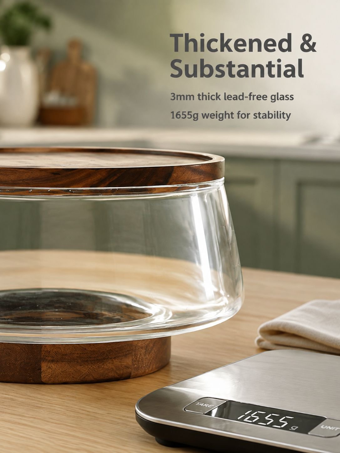 Fruit plate set with clear glass, wood lid, and stainless steel fork