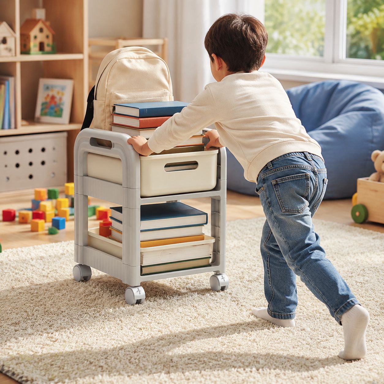 Drawer-style schoolbag storage rack with wheels
