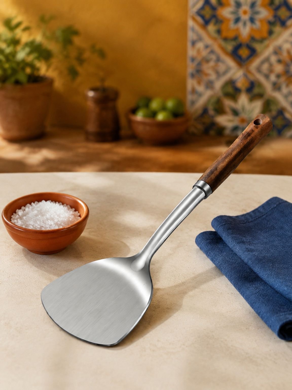 Espátula de acero inoxidable engrosada para cocinar.