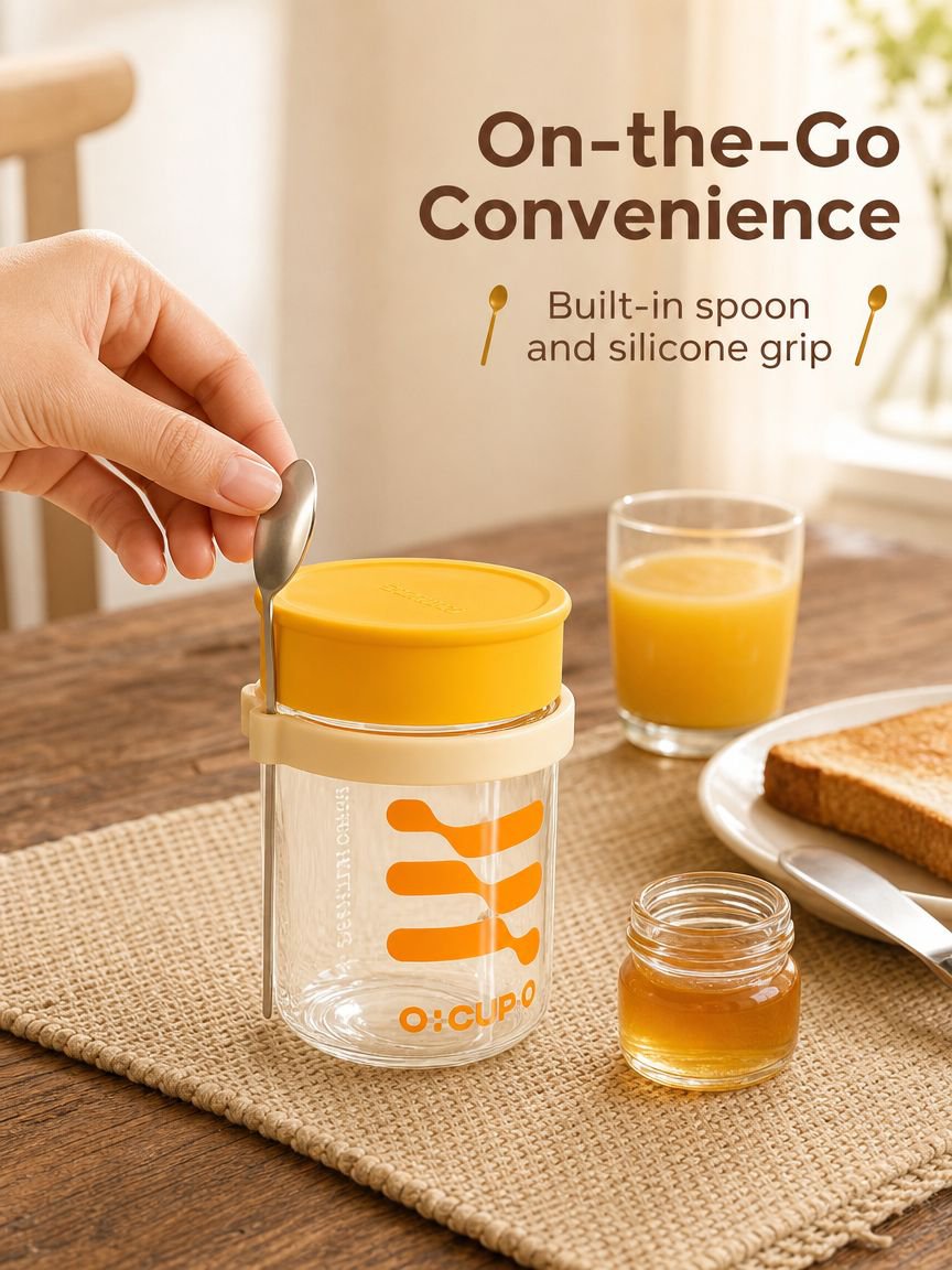 Breakfast cup, oatmeal cup, airtight glass jar with lid and spoon, portable milkshake, yogurt, grano
