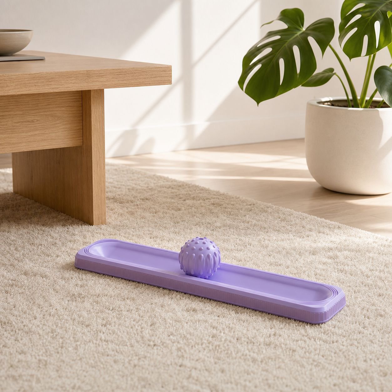 Woman using JMY plantar ball for foot relaxation