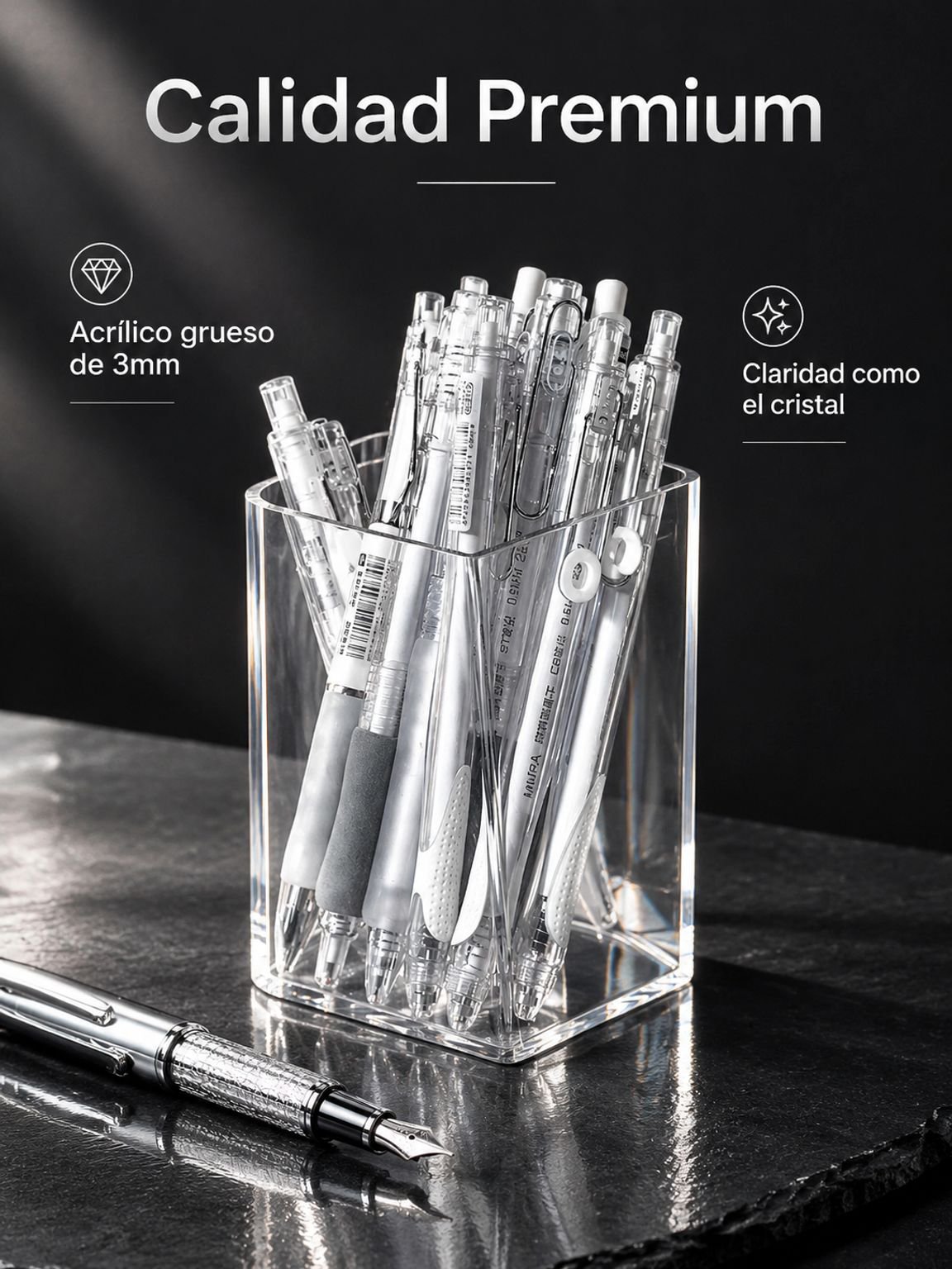 Organizador de maquillaje en acrílico transparente con brochas insertadas