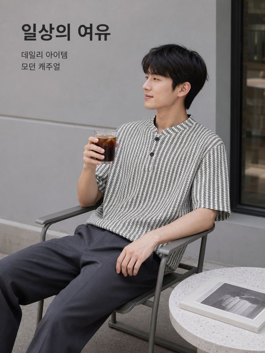 여름 캐주얼 헤링본 헨리넥 상의