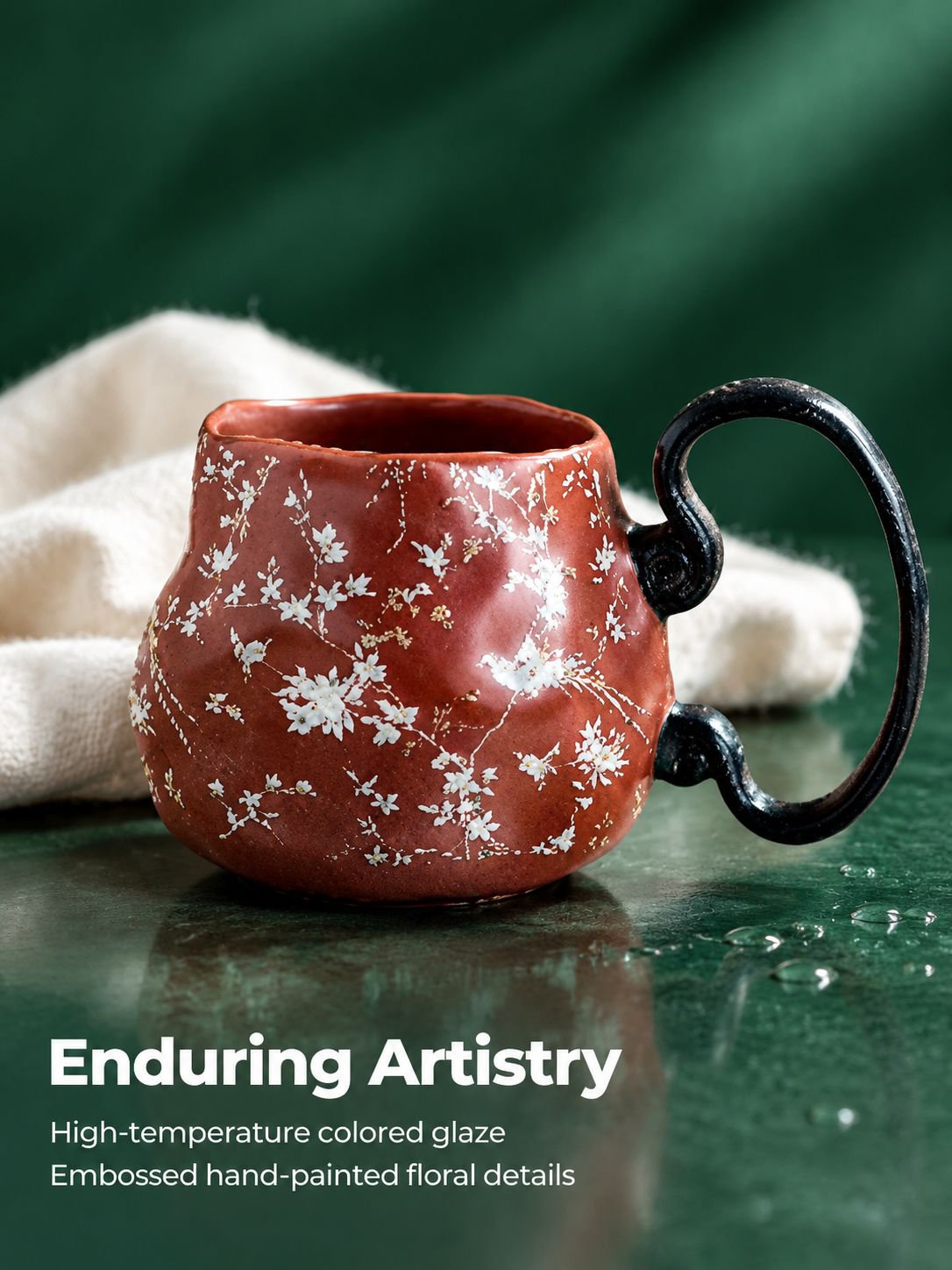 Side perspective of the vintage artisan-crafted ceramic mug