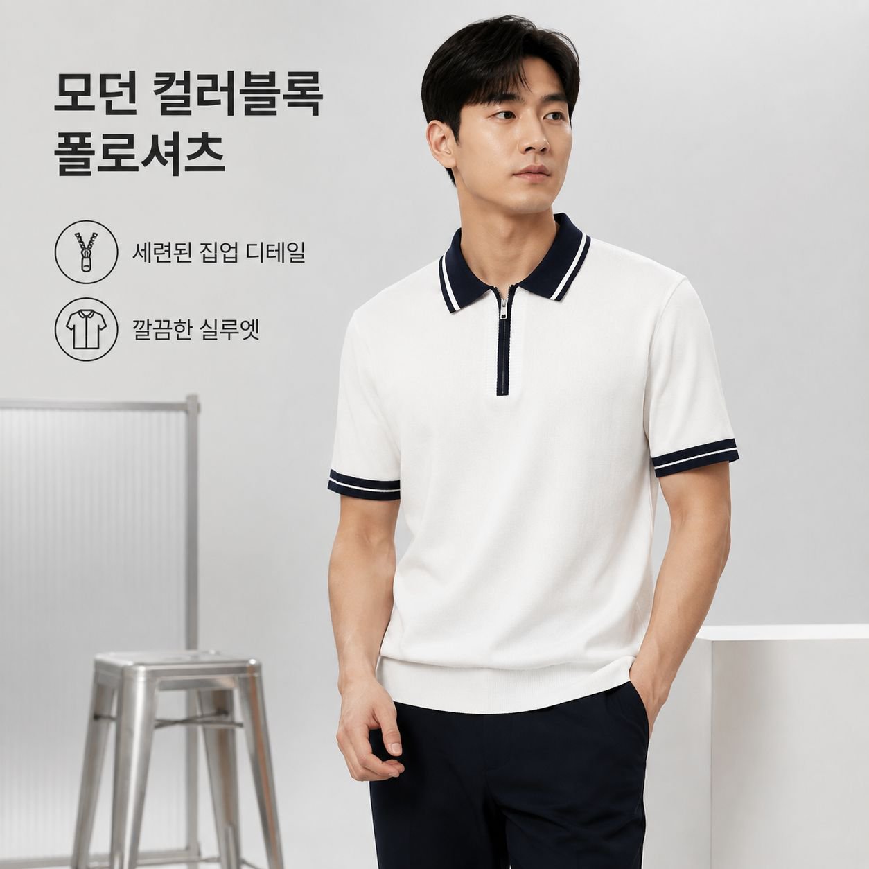 남성용 아이스 실크 컬러 블록 지퍼 폴로 반팔 셔츠