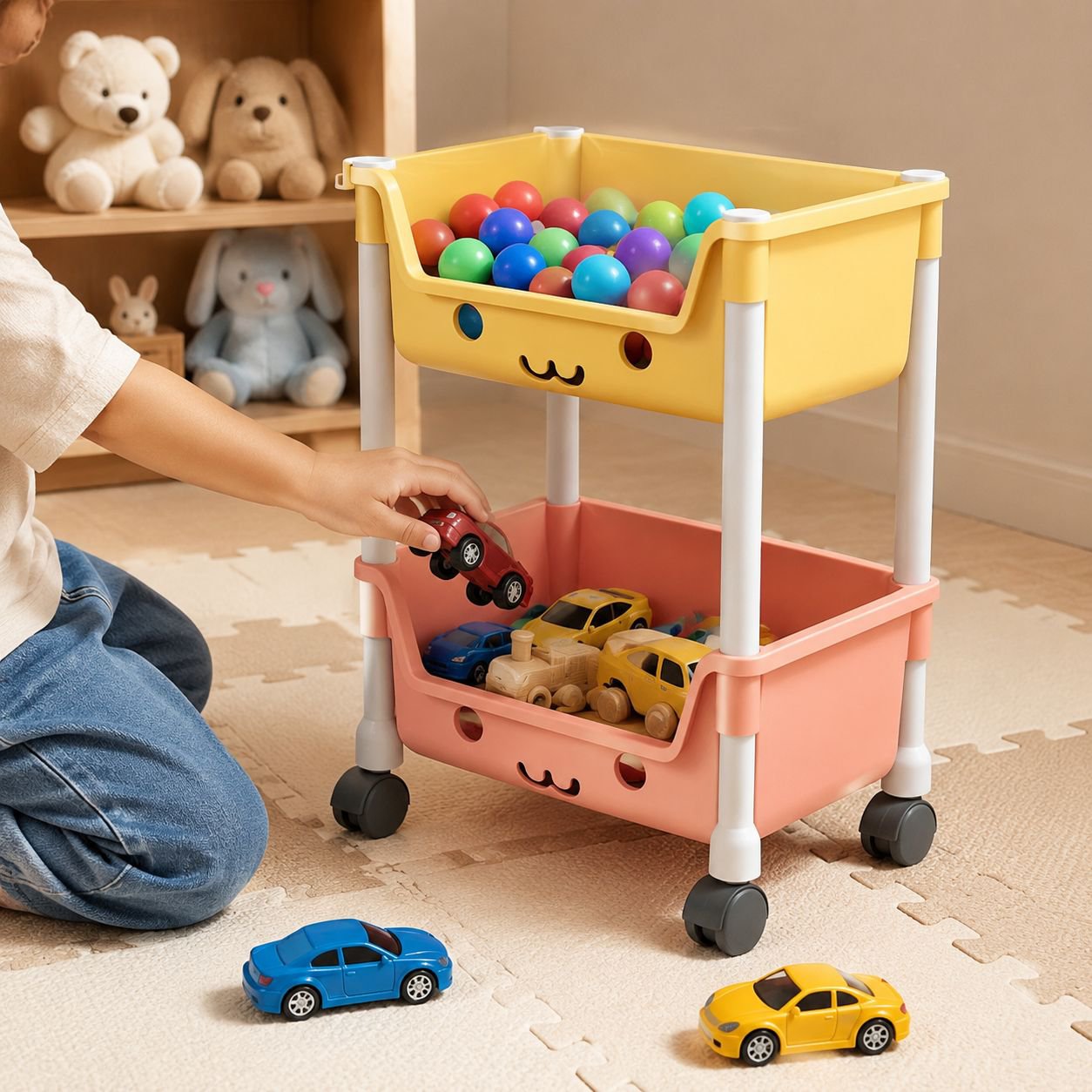 Easy-to-move kids storage shelf with books and toys
