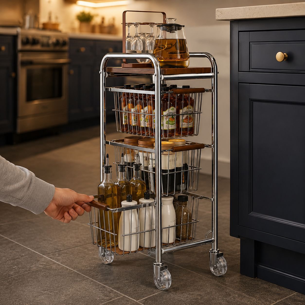 Space-saving rolling organizer in laundry room