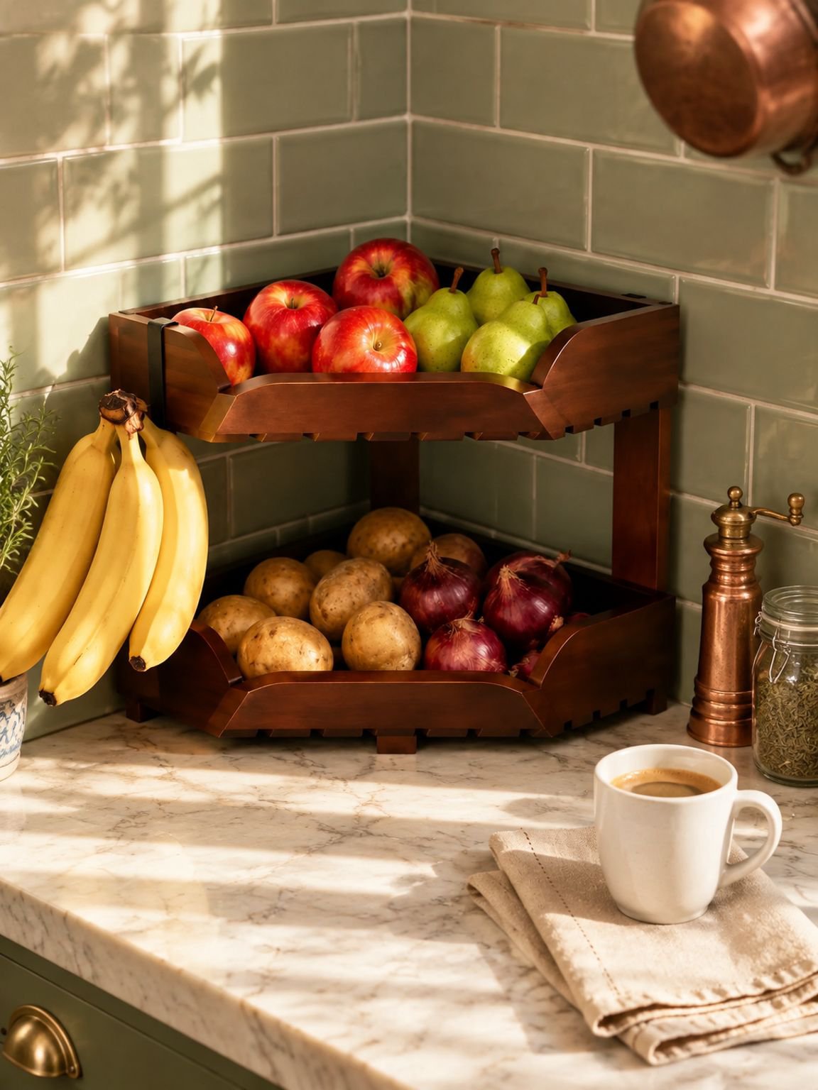 Étagère de rangement d'angle à deux niveaux pour fruits et légumes de cuisine