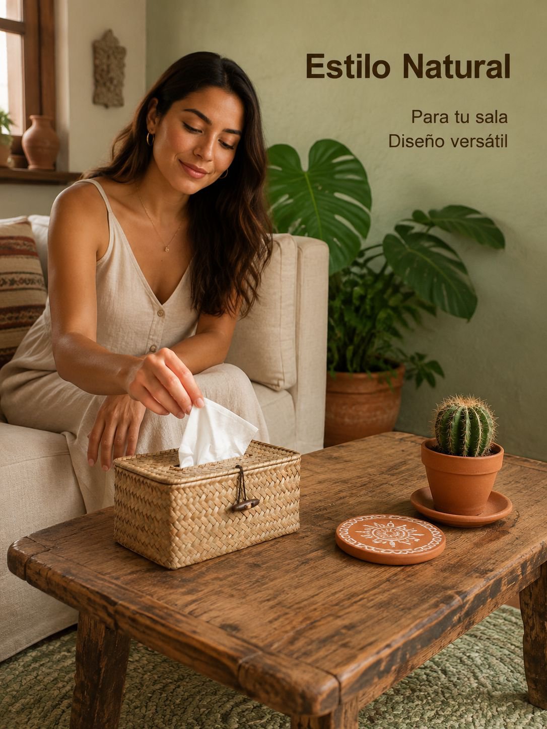 Caja de pañuelos tejida a mano de mimbre multifuncional con organizador de control remoto