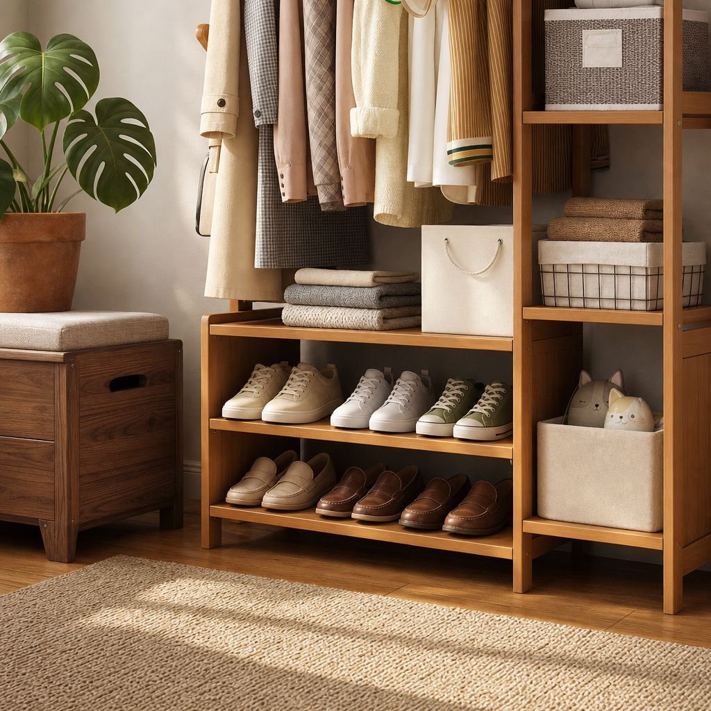 New Chinese style solid wood floor coat rack with storage drawer in entryway