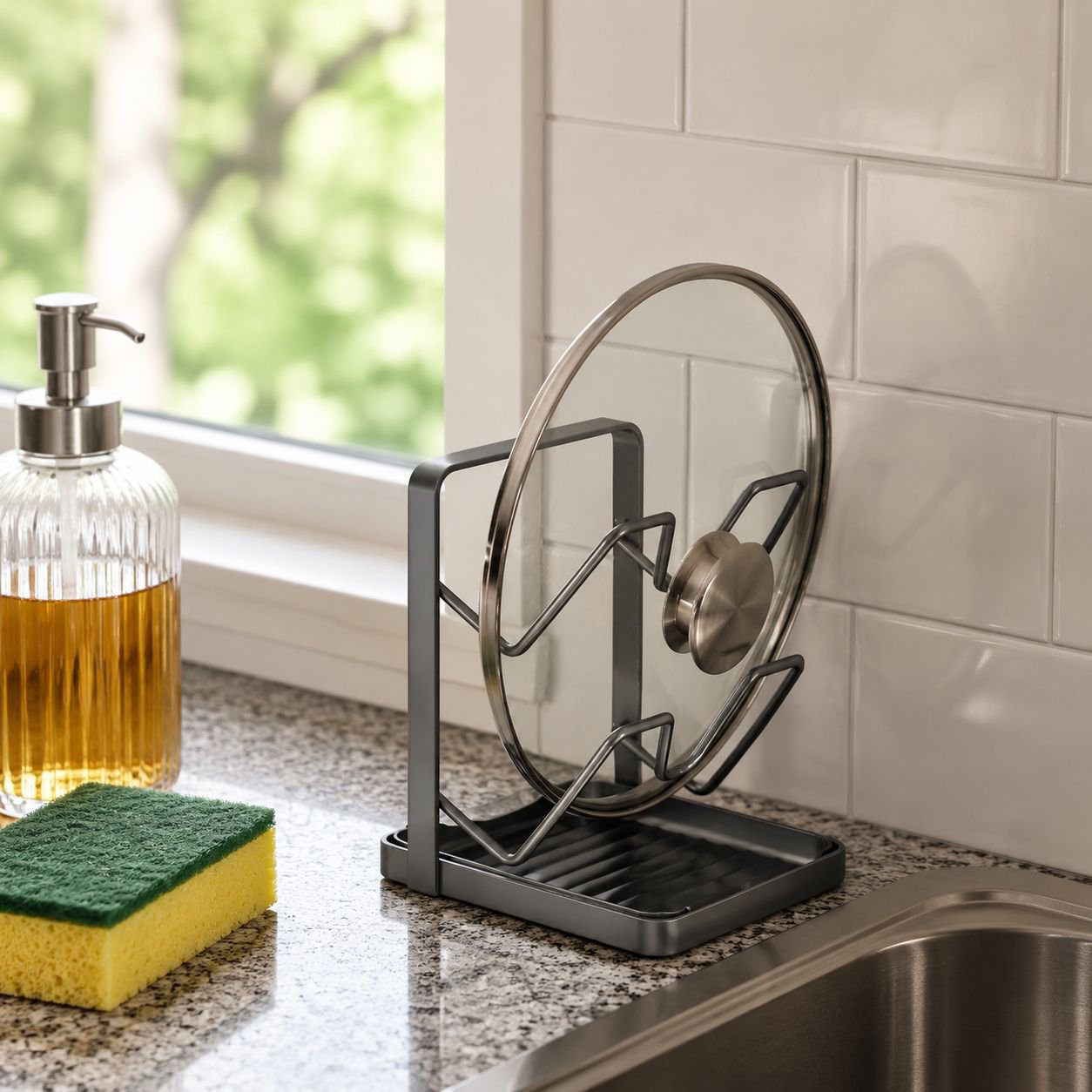 Kitchen Sink Stainless Steel Drain Rack, No-Drill Pot Lid Storage Organizer