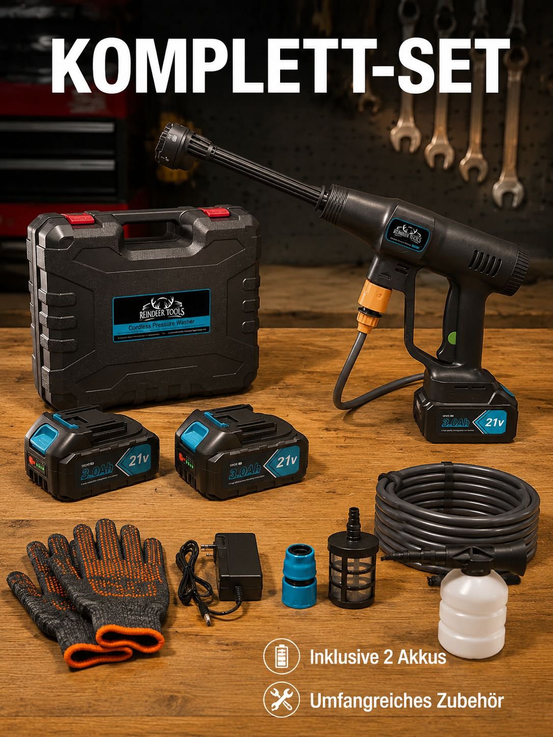 Schwarzes bürstenloses Hochdruck-Wasserpistolen-Set (10 Stück, 2 Batterien, 1 Ladegerät, Handschuhe)
