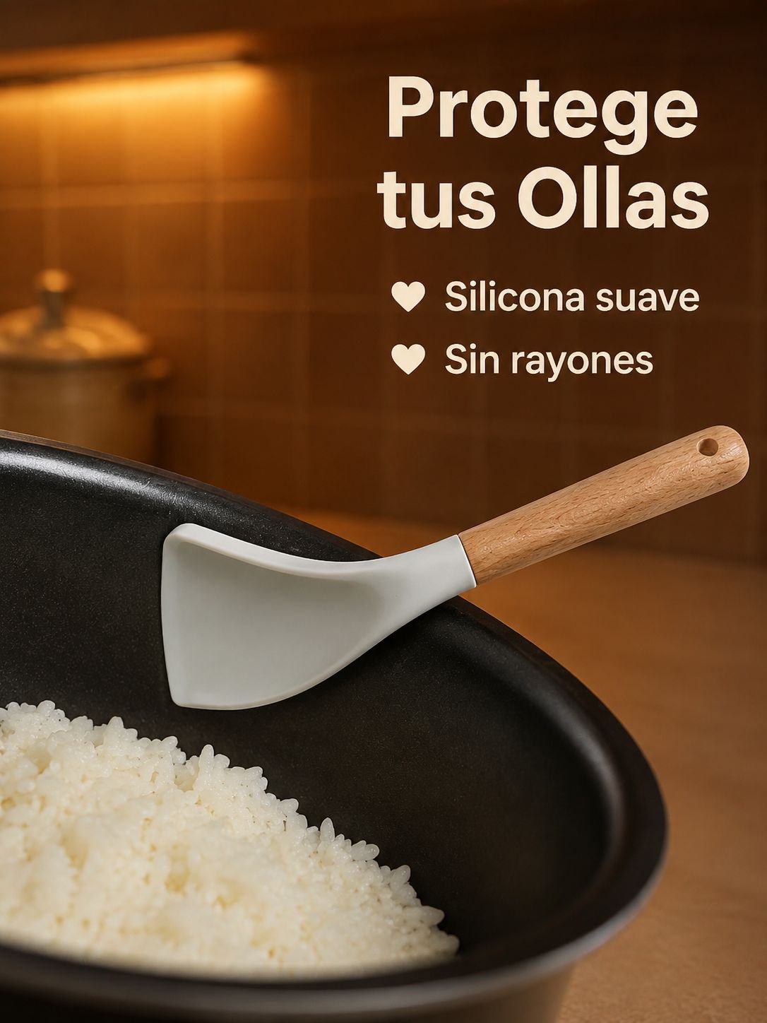Cuchara de arroz de silicona con mango de madera