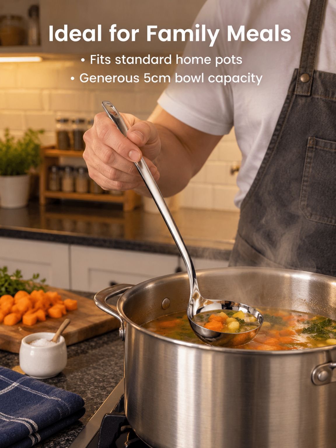 Stainless steel long-handled soup ladle