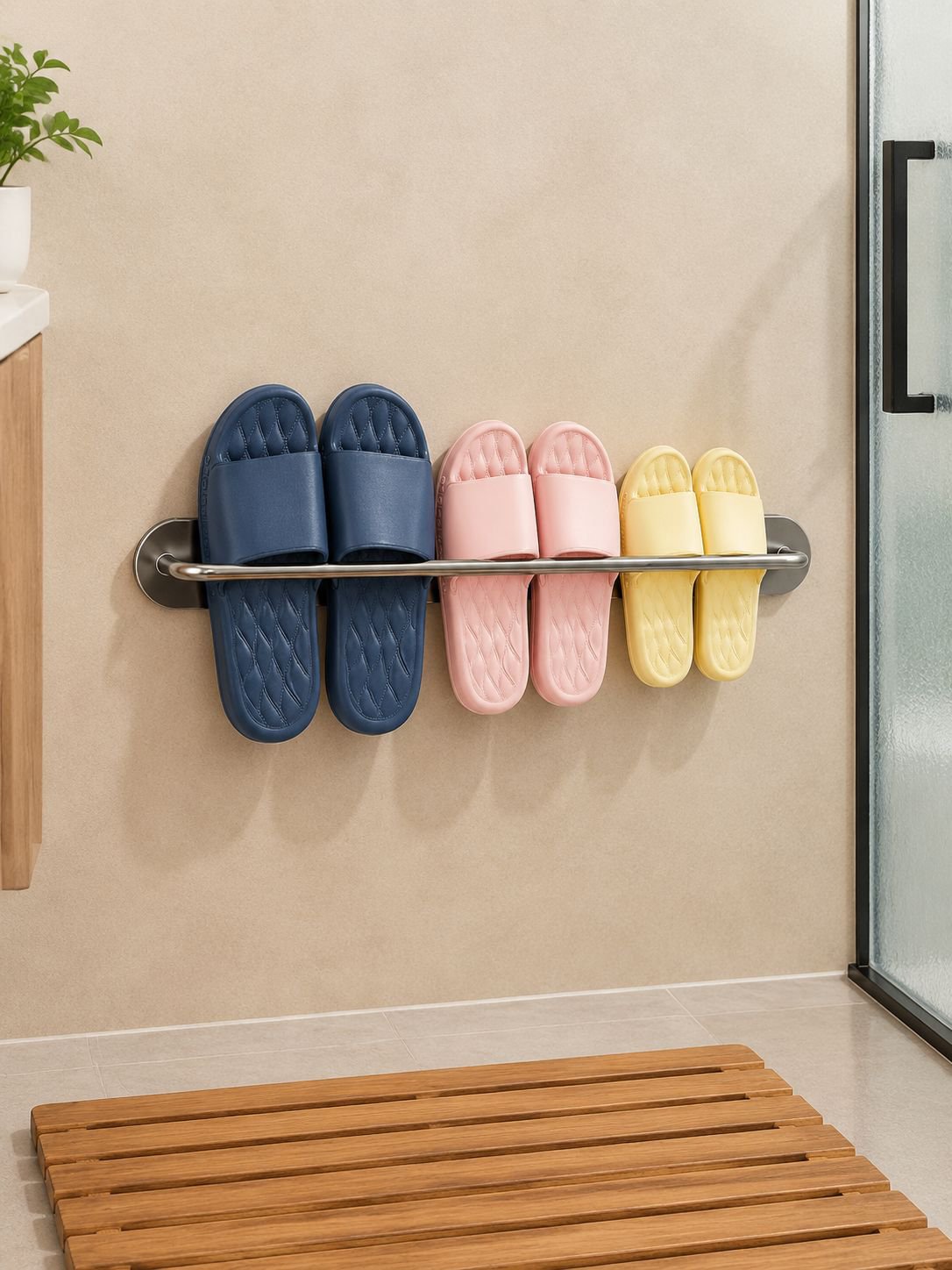 Organizador de zapatos de pared ahorrando espacio en baño pequeño