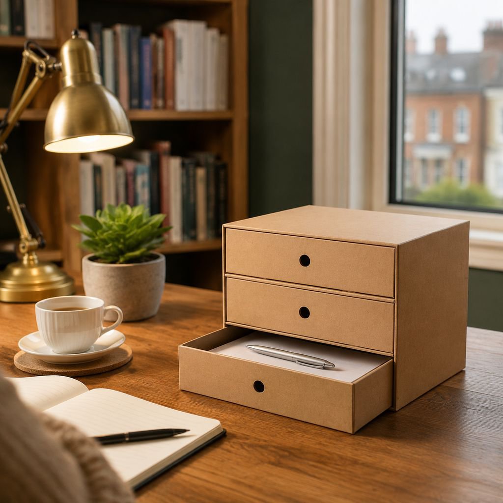 Desktop multi-functional file storage box on office desk