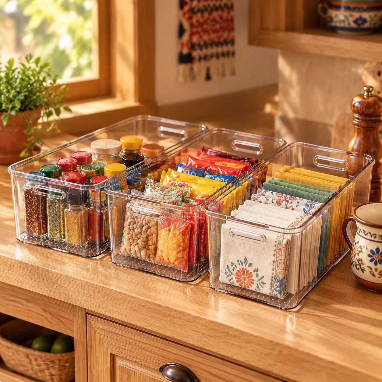 Caja de acrílico transparente con snacks variados