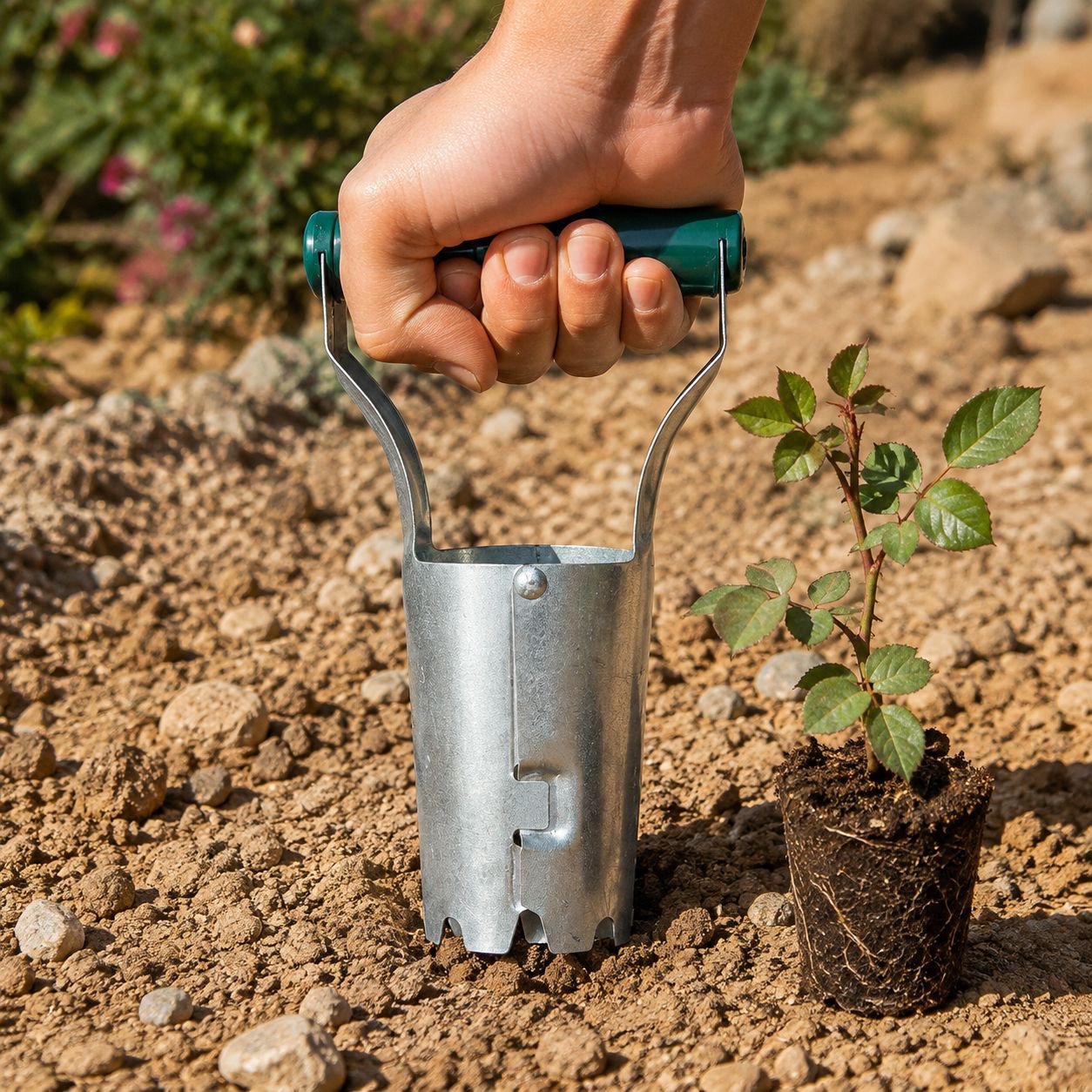 Plantador cilíndrico para trasplante de hortalizas y flores