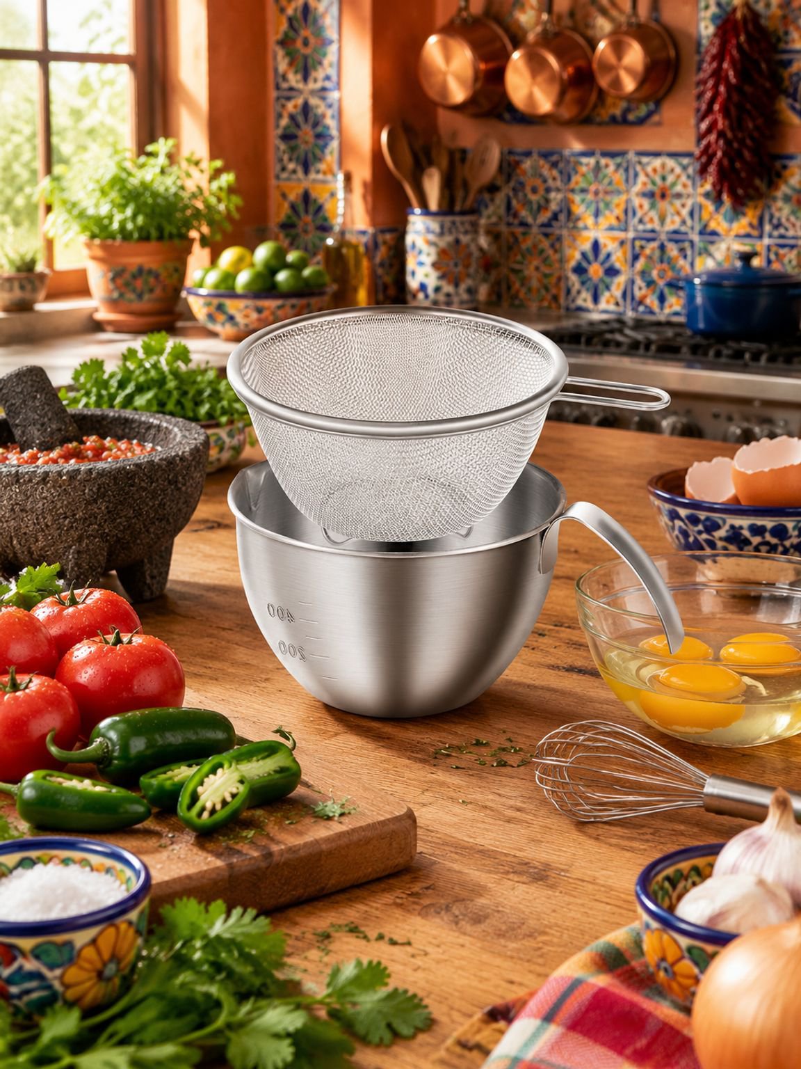 Set de coladores y bowl de acero inoxidable en cocina moderna
