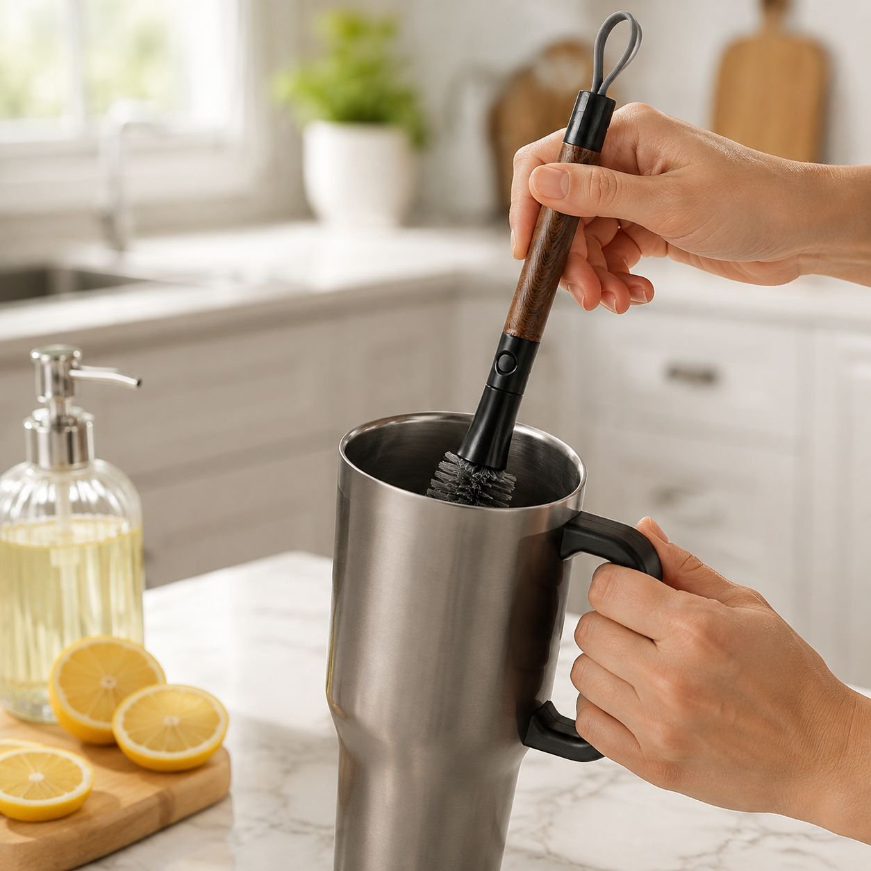Multi-Functional Bendable Cup Brush cleaning a glass