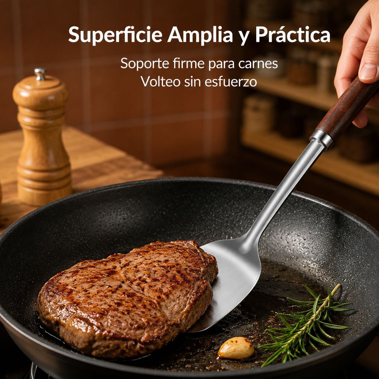 Espátula de acero inoxidable con mango de madera