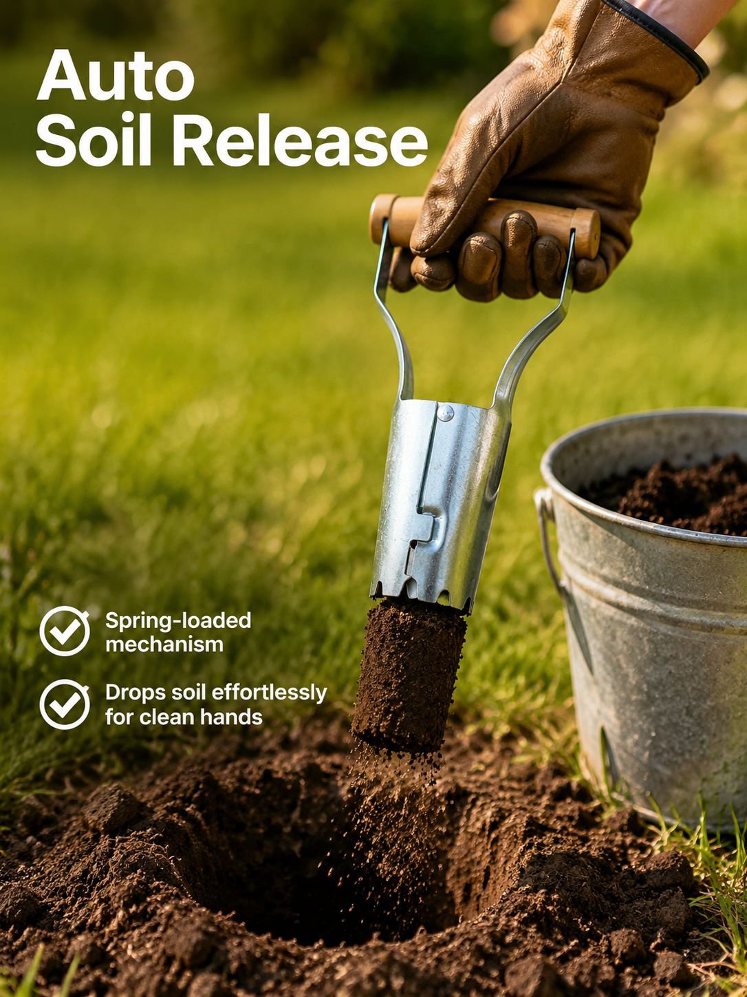 Transplanting tool digging soil in a garden
